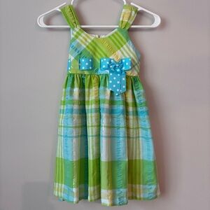 Bonnie Jean Green and Blue Plaid sun Dress with Polka Dot Bow Size 6